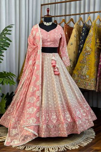 Peach Chikankari Embroidered Crush Silk Lehenga Choli with Dupatta
