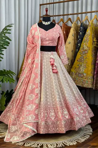 Peach Chikankari Embroidered Crush Silk Lehenga Choli with Dupatta