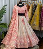 Peach Chikankari Embroidered Crush Silk Lehenga Choli with Dupatta