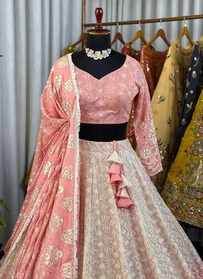 Peach Chikankari Embroidered Crush Silk Lehenga Choli with Dupatta 2