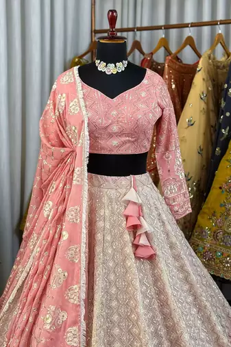 Peach Chikankari Embroidered Crush Silk Lehenga Choli with Dupatta