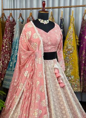 Peach Chikankari Embroidered Crush Silk Lehenga Choli with Dupatta 3