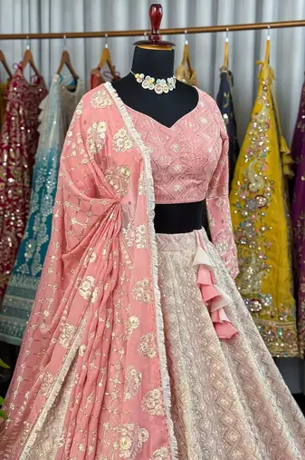 Peach Chikankari Embroidered Crush Silk Lehenga Choli with Dupatta