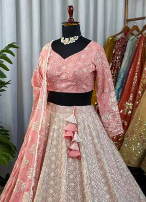 Peach Chikankari Embroidered Crush Silk Lehenga Choli with Dupatta 4