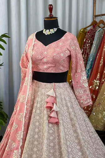 Peach Chikankari Embroidered Crush Silk Lehenga Choli with Dupatta