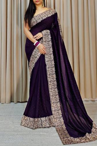 Dark Lavendar Color Silk Fabric  Zari Work And Stone Work Saree