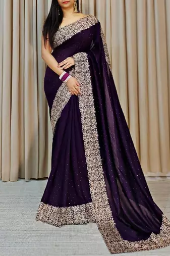 Dark Lavendar Color Silk Fabric  Zari Work And Stone Work Saree