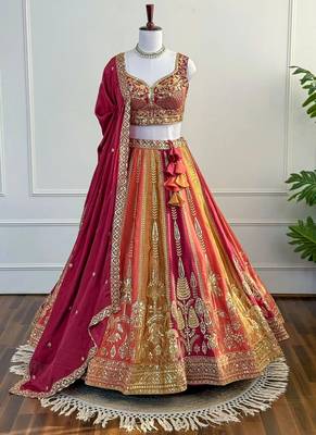 Red Zari & Sequins Embroidered Chinon Silk Lehenga Choli with Dupatta 1