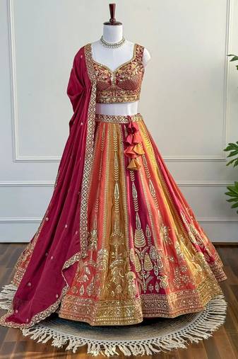 Red Zari & Sequins Embroidered Chinon Silk Lehenga Choli with Dupatta