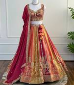 Red Zari & Sequins Embroidered Chinon Silk Lehenga Choli with Dupatta