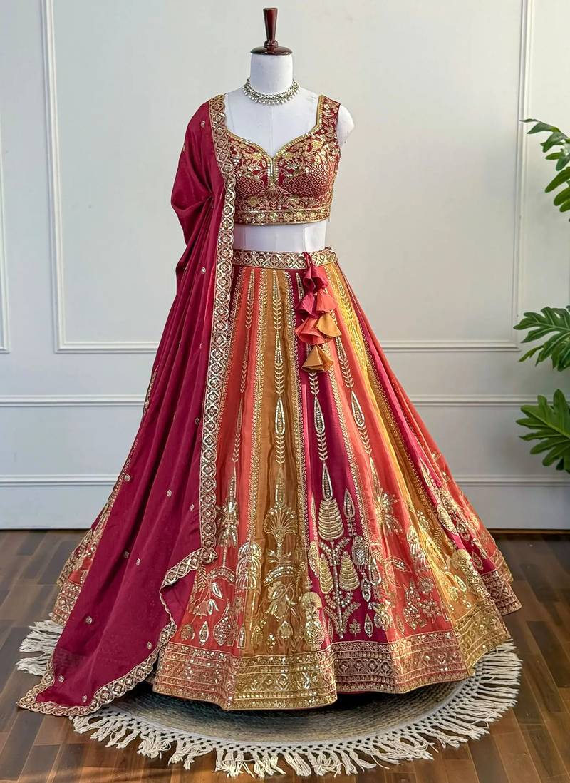 Red Zari & Sequins Embroidered Chinon Silk Lehenga Choli with Dupatta