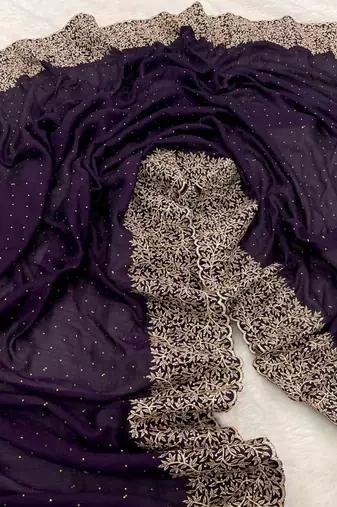 dark lavender art silk saree with zari and stone work