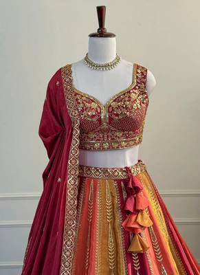Red Zari & Sequins Embroidered Chinon Silk Lehenga Choli with Dupatta 2