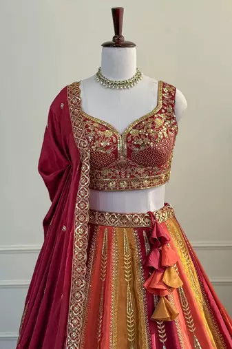 Red Zari & Sequins Embroidered Chinon Silk Lehenga Choli with Dupatta