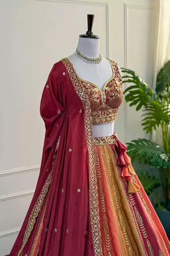 Red Zari & Sequins Embroidered Chinon Silk Lehenga Choli with Dupatta