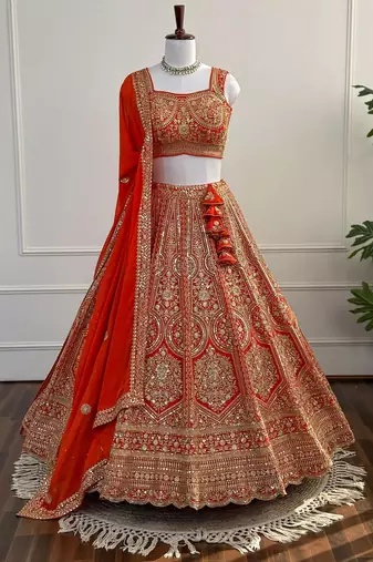 Orange Zari & Sequins Embroidered Fox Georgette Lehenga Choli with Dupatta