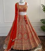 Orange Zari & Sequins Embroidered Fox Georgette Lehenga Choli with Dupatta