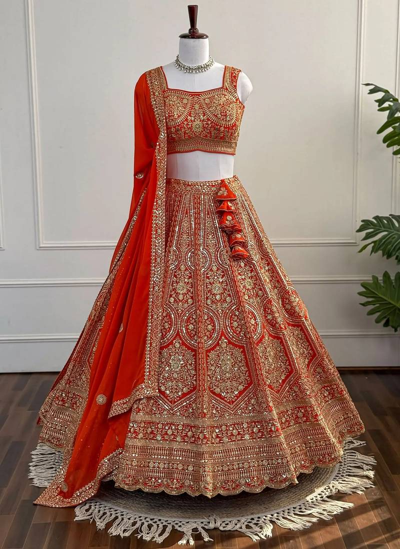 Orange Zari & Sequins Embroidered Fox Georgette Lehenga Choli with Dupatta