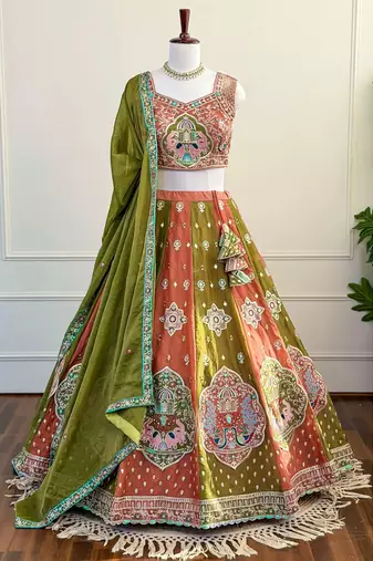 Multicolor Mirror & Zari Embroidered Chinon Silk Lehenga Choli with Dupatta