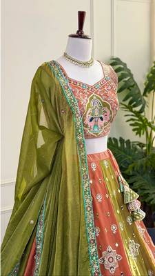 Multicolor Mirror & Zari Embroidered Chinon Silk Lehenga Choli with Dupatta 2