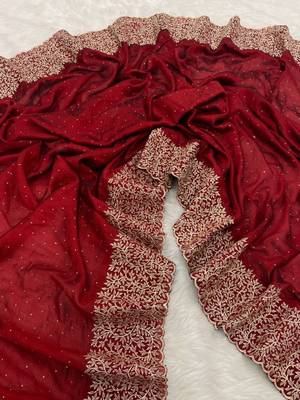maroon silk saree with zari and stone work embroidery 1