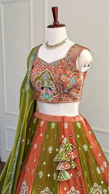 Multicolor Mirror & Zari Embroidered Chinon Silk Lehenga Choli with Dupatta 3