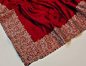 maroon silk saree with zari and stone work embroidery 2