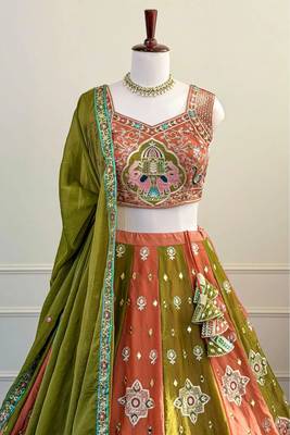 Multicolor Mirror & Zari Embroidered Chinon Silk Lehenga Choli with Dupatta 4