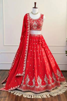 Red Mirror & Zari Embroidered Chinon Silk Lehenga Choli with Dupatta 1