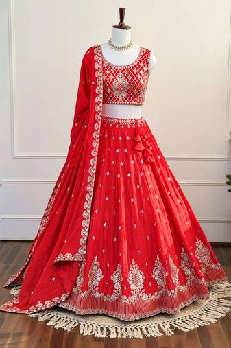 Red Mirror & Zari Embroidered Chinon Silk Lehenga Choli with Dupatta
