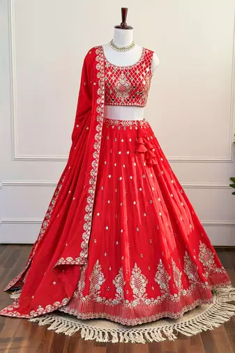 Red Mirror & Zari Embroidered Chinon Silk Lehenga Choli with Dupatta