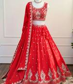 Red Mirror & Zari Embroidered Chinon Silk Lehenga Choli with Dupatta