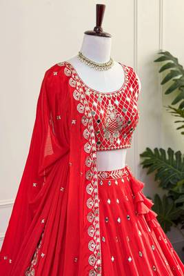 Red Mirror & Zari Embroidered Chinon Silk Lehenga Choli with Dupatta 2