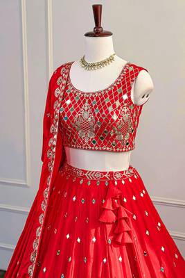 Red Mirror & Zari Embroidered Chinon Silk Lehenga Choli with Dupatta 3
