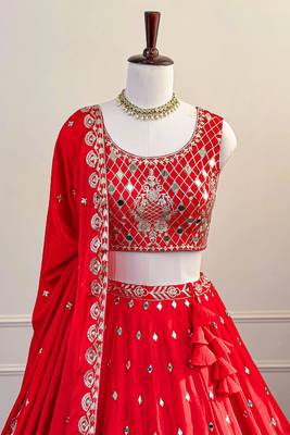 Red Mirror & Zari Embroidered Chinon Silk Lehenga Choli with Dupatta 4