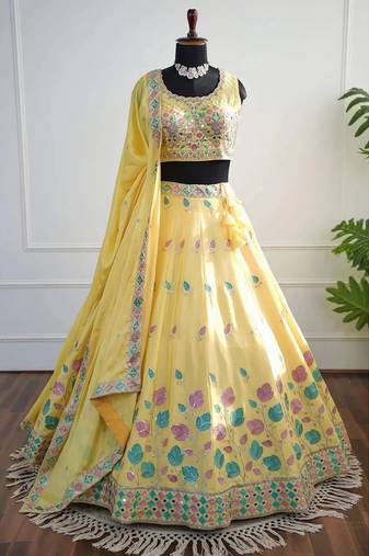 Yellow Mirror Thread & Zari Embroidered Chinon Silk Lehenga Choli with Dupatta