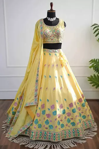 Yellow Mirror Thread & Zari Embroidered Chinon Silk Lehenga Choli with Dupatta
