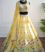 Yellow Mirror Thread & Zari Embroidered Chinon Silk Lehenga Choli with Dupatta