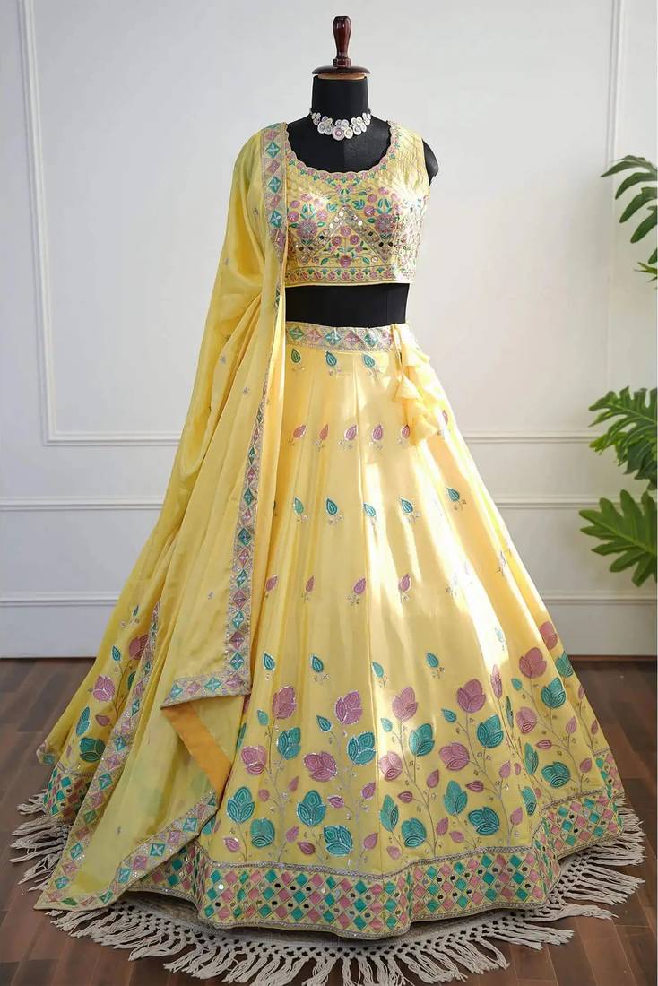 Yellow Mirror Thread & Zari Embroidered Chinon Silk Lehenga Choli with Dupatta