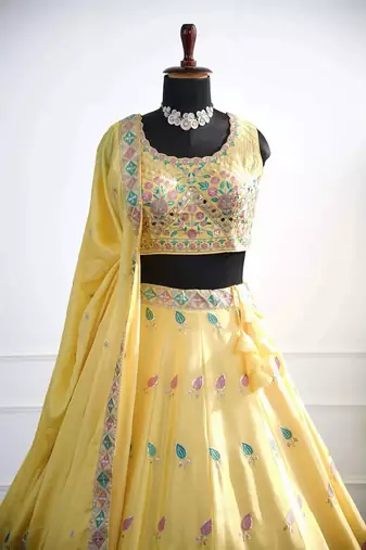 Yellow Mirror Thread & Zari Embroidered Chinon Silk Lehenga Choli with Dupatta
