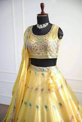 Yellow Mirror Thread & Zari Embroidered Chinon Silk Lehenga Choli with Dupatta 3