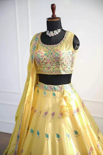 Yellow Mirror Thread & Zari Embroidered Chinon Silk Lehenga Choli with Dupatta