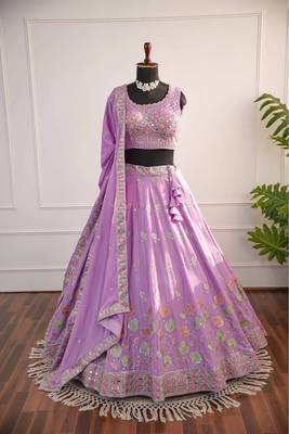 Lavender Mirror Thread & Zari Embroidered Chinon Silk Lehenga Choli with Dupatta 1