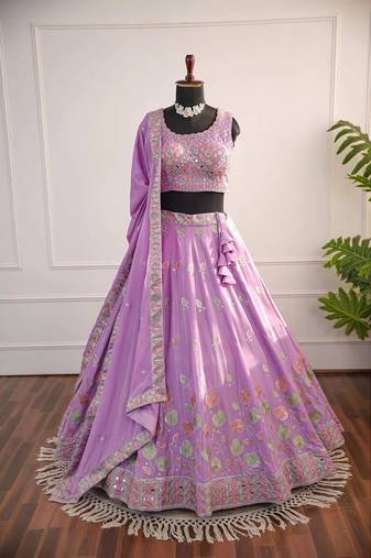 Lavender Mirror Thread & Zari Embroidered Chinon Silk Lehenga Choli with Dupatta