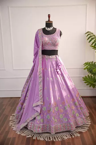 Lavender Mirror Thread & Zari Embroidered Chinon Silk Lehenga Choli with Dupatta