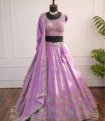 Lavender Mirror Thread & Zari Embroidered Chinon Silk Lehenga Choli with Dupatta