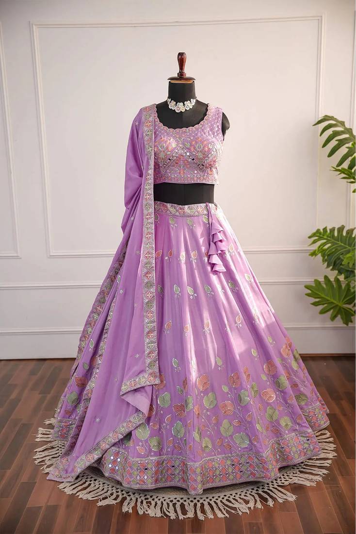 Lavender Mirror Thread & Zari Embroidered Chinon Silk Lehenga Choli with Dupatta