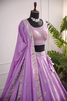 Lavender Mirror Thread & Zari Embroidered Chinon Silk Lehenga Choli with Dupatta 2