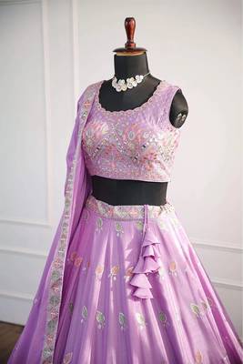 Lavender Mirror Thread & Zari Embroidered Chinon Silk Lehenga Choli with Dupatta 3