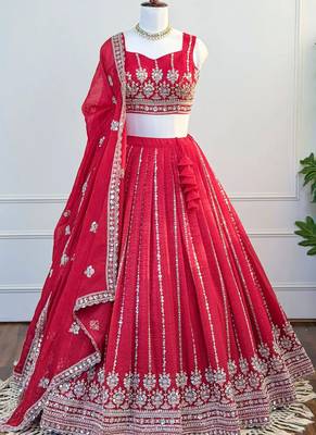 Red Zari & Beads Work Crust Silk Lehenga Choli with Dupatta 1